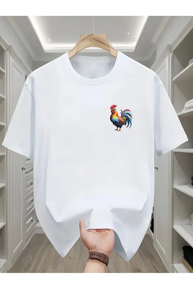 Rooster Printed White Cotton T-Shirt - Oversize Crew Neck Short Sleeve T-Shirt