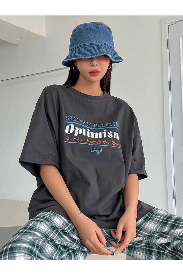 Füme Oversize Optimism T-shirt - Oversize Baskılı - 3
