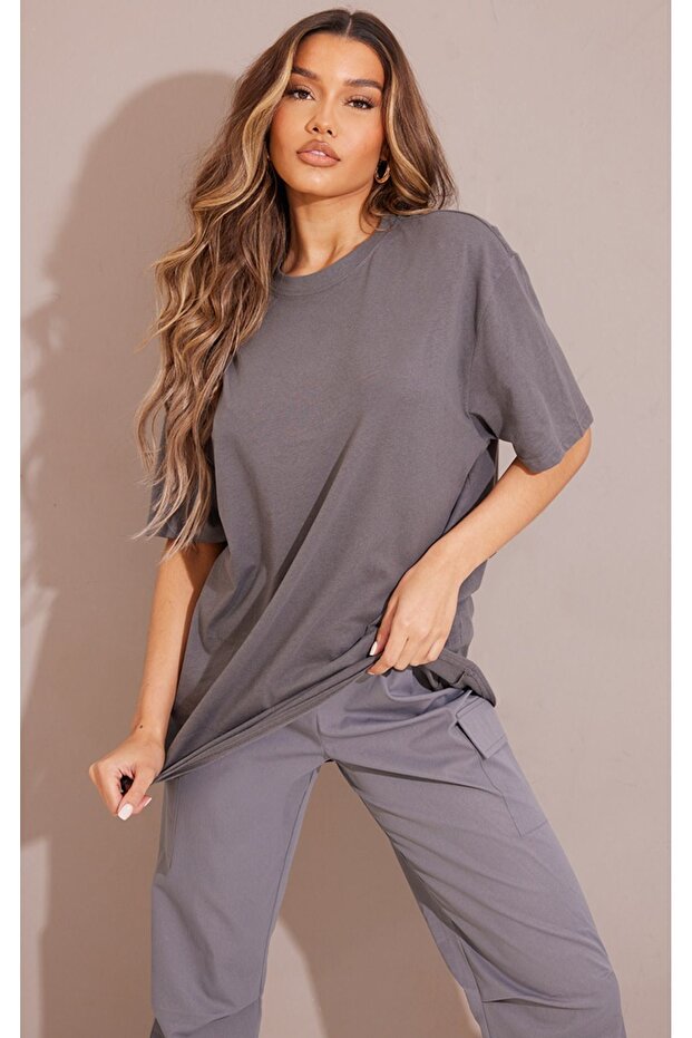 Plain Single Jersey T-Shirt - Smoke Oversize Crew Neck Short Sleeve T-Shirt