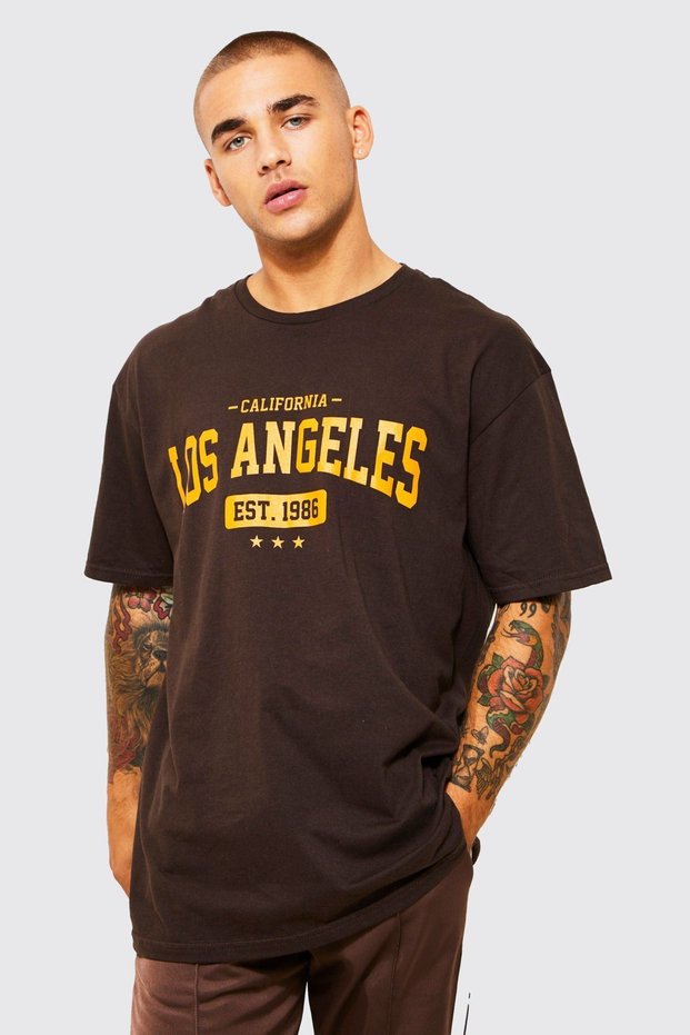 Los Angeles Star 1986 Single Jersey T-Shirt - Brown Printed Oversize Crew Neck Short Sleeve T-Shirt