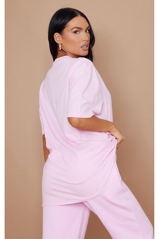 Plain Single Jersey T-Shirt - Pink Oversize Crew Neck Short Sleeve T-Shirt