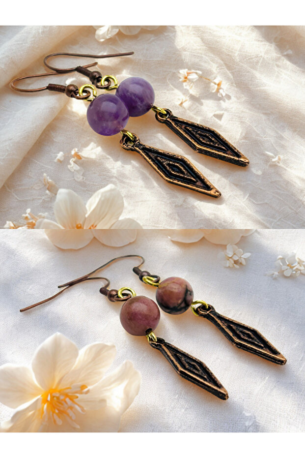 Amethyst & Rhodonite Natural Stone 2-Piece Earring Set with Dangle - Ornate - 5 cm - Baklava Zamak Apparatus