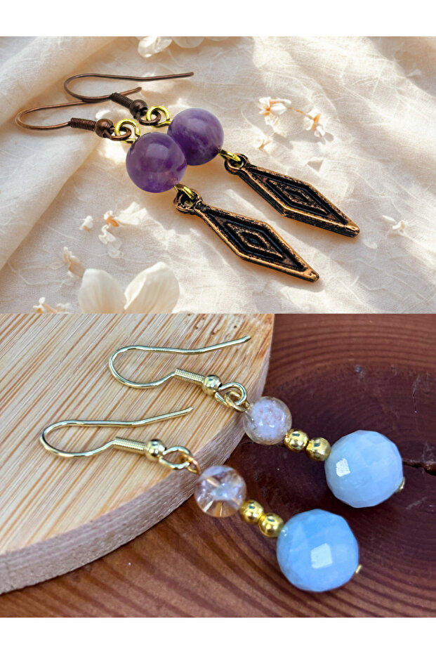 Amethyst & Aquamarine & Citrine Natural Stone 2-Piece Earring Set with Dangle - Ornate - 5 cm - Diamond Apparatus