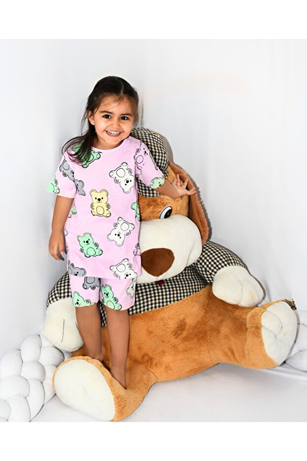 Children's Baby Pajama Set Pink Haribo Teddy Bear Pattern Short Shorts