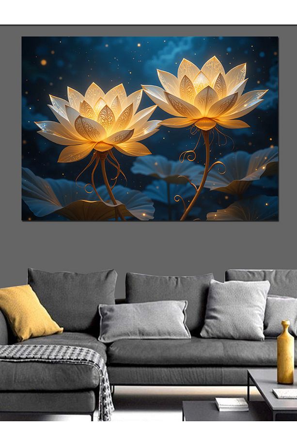 Işıklı Lotus Çiçeği Dekoratif Kanvas - Mdf Ahşap Tablo - 5