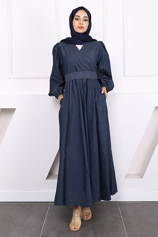 Dark Blue Double Breasted Collar Waist Belted Denim Dress