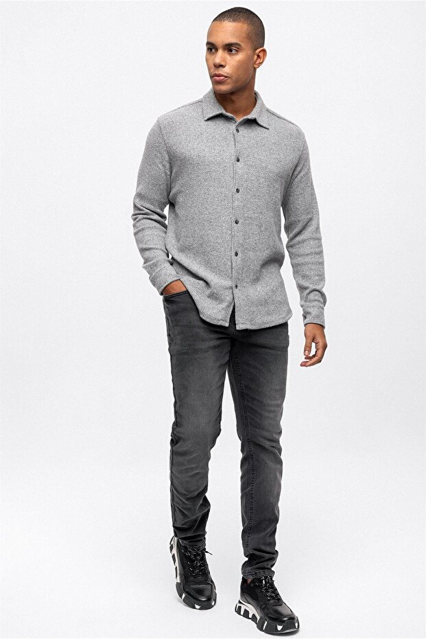 Açık Gri Regular Fit Örme Gömlek - 1