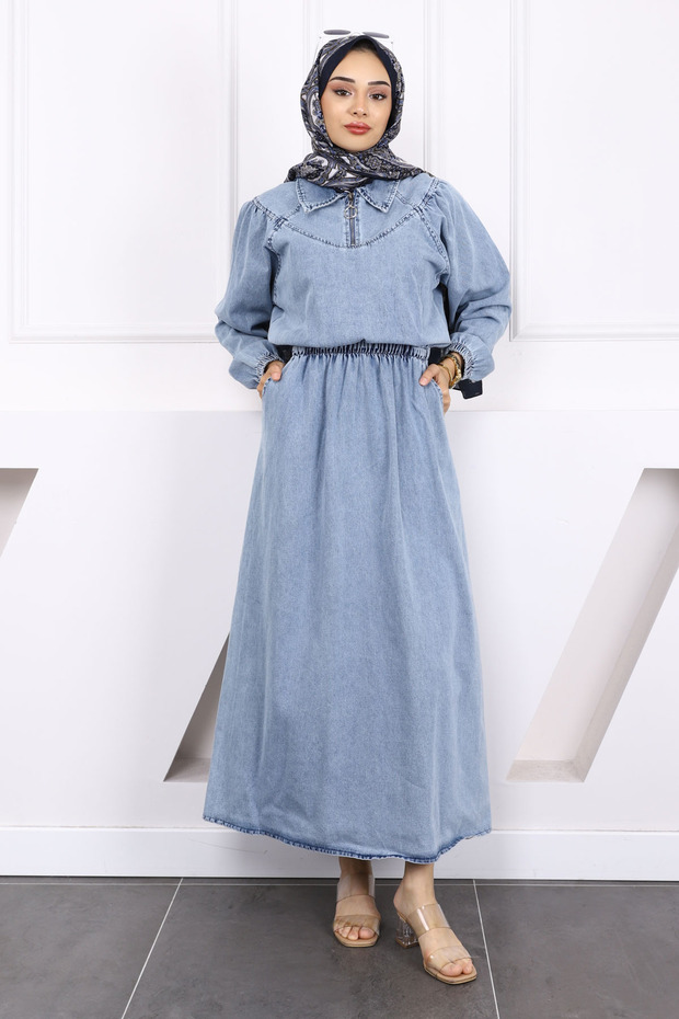 Blue Waist Elastic Pocket Denim Dress
