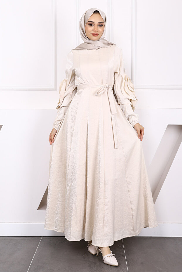 Beige Sleeve Layered Belted Dress