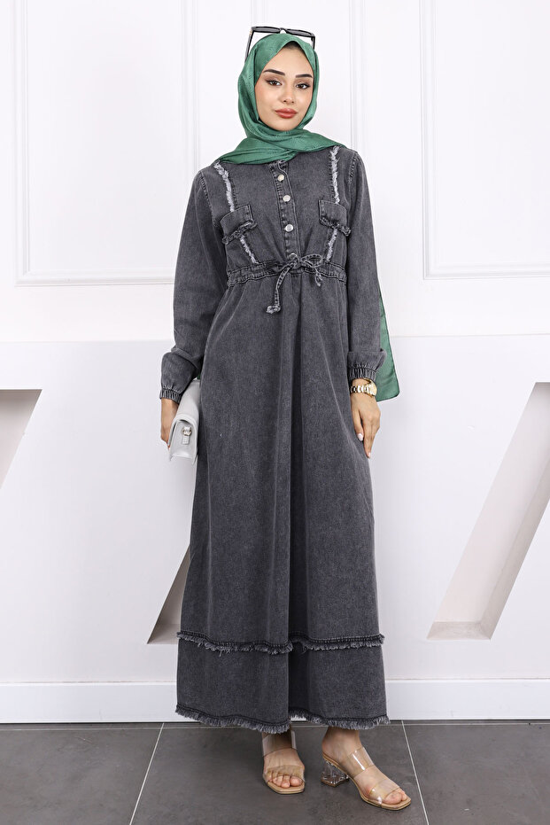 Smoked Tassel Waist Tie Denim Dress