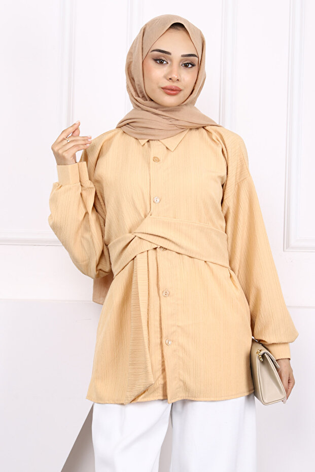 Beige Belt Detailed Wrap Shirt