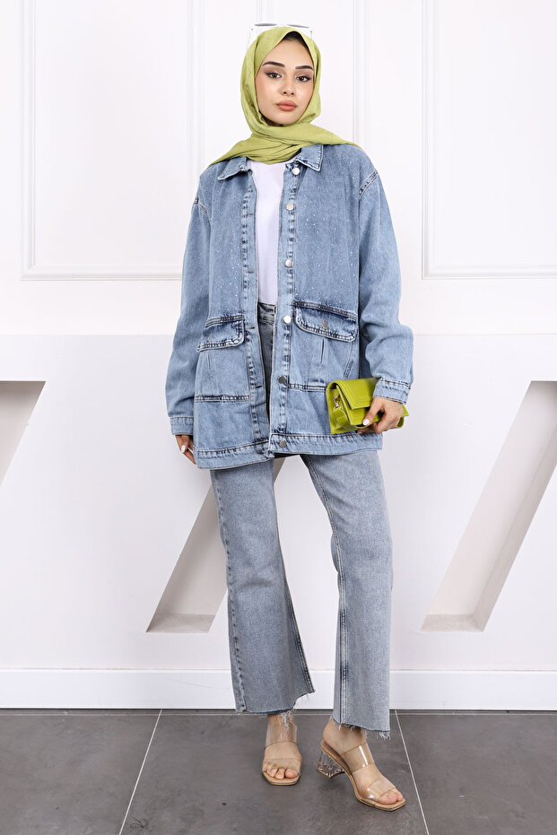 Mavi Taş İşlemeli Kot Ceket - 1