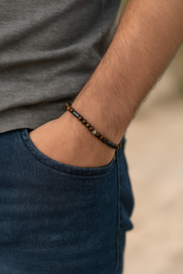 Tiger eye & hematite natural stone men's bracelet