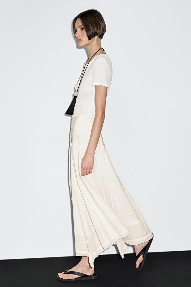 Dikiş detaylı pamuklu midi etek - 4