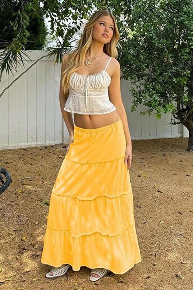 Sarı Basic Pileli Kadın Uzun Etek - 2