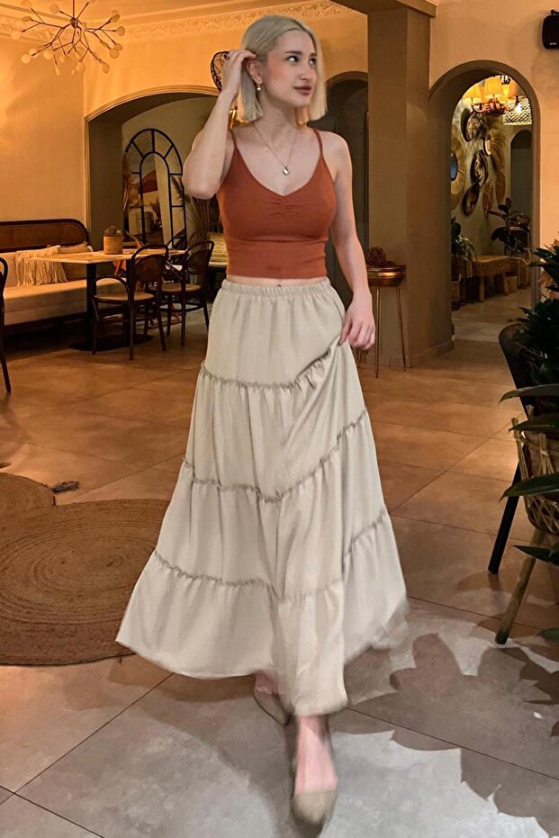 Bej Basic Pileli Kadın Uzun Etek - 4