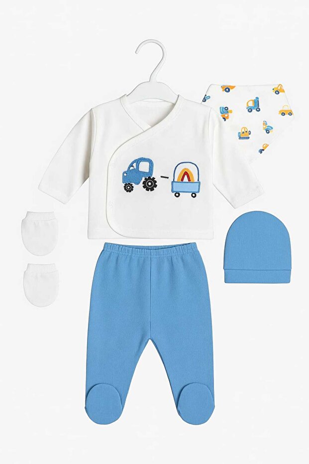 Traktör İşlemeli 5'li Erkek Bebek Zıbın Takımı Hastane Çıkışı %100 Pamuklu - 2