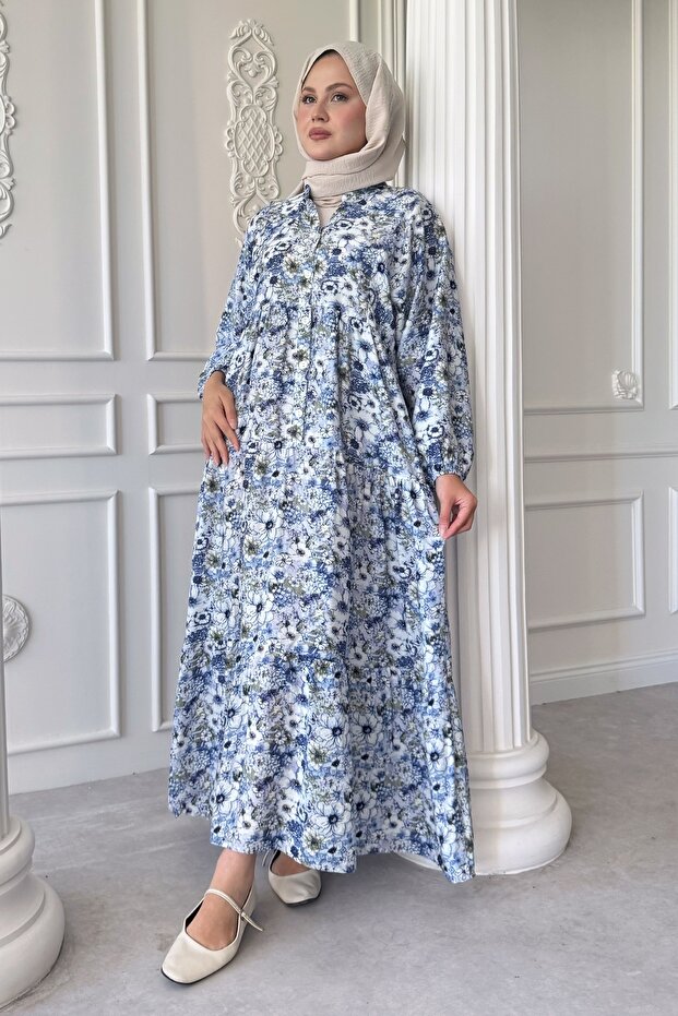 Nergis Çiçeği Mavi Mango Elbise - 1