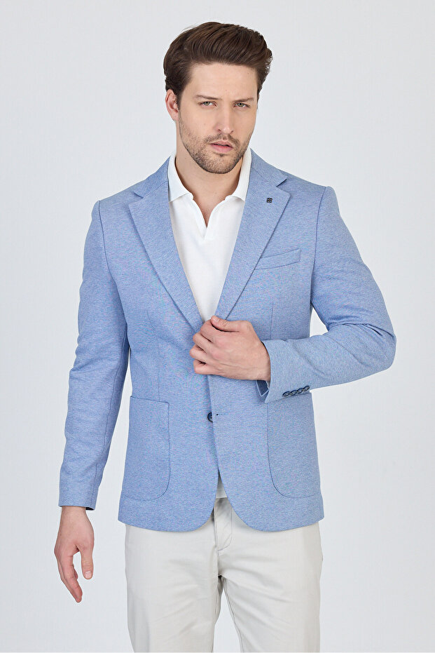 Feniks Men's Blue Half Lining Bag Pocket Cotton Blended Lycra Slimfit Sports Blazer Jacket