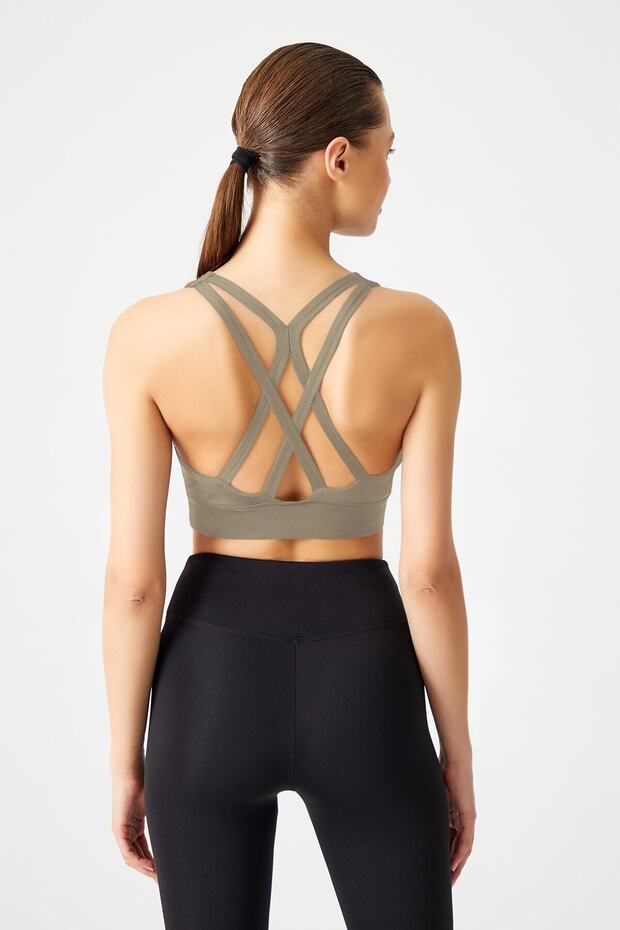 Khaki Supported Back Detailed Covered Sports Bra Strappy Back