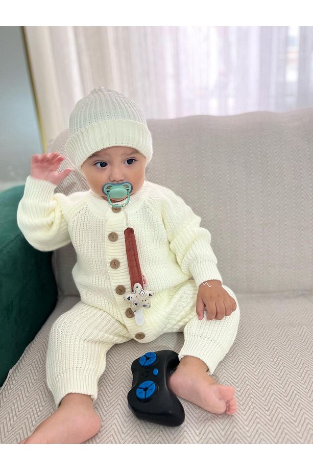 Selanik Örgülü Bebek Tulum Bere 2 li Set Likralı - 1