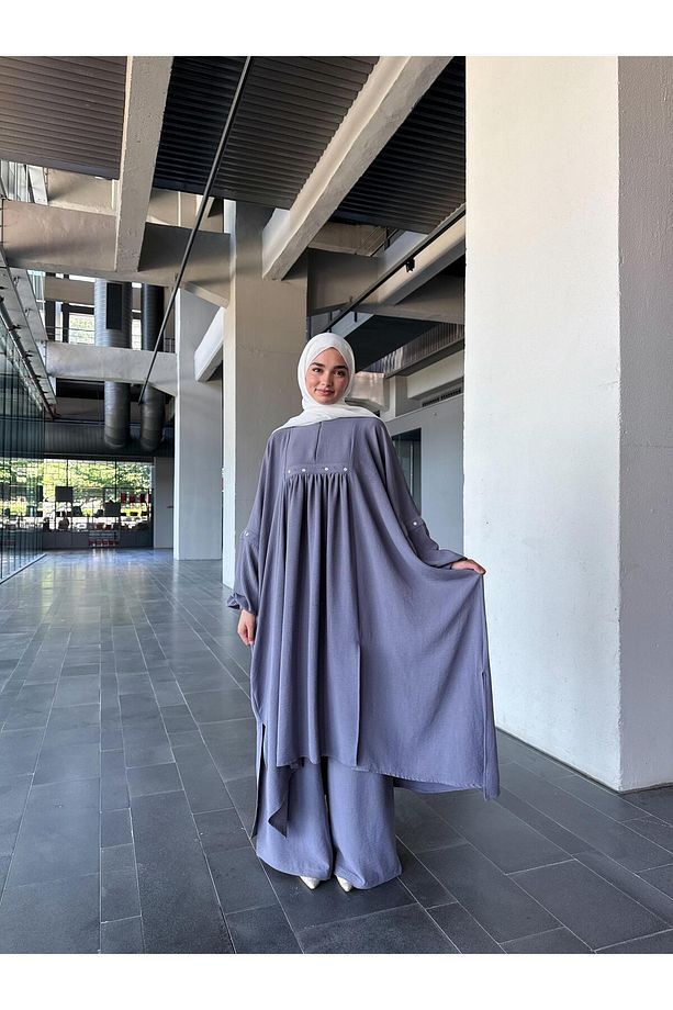 Papatya İşlemeli Oversize Rüya Takım - Gri - 3