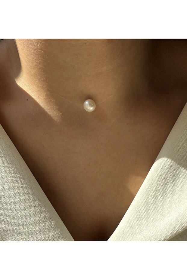 Lusora İnci Zarafeti Şeffaf Misina Kolye – Minimalist Tek Taş İnci Choker - 2