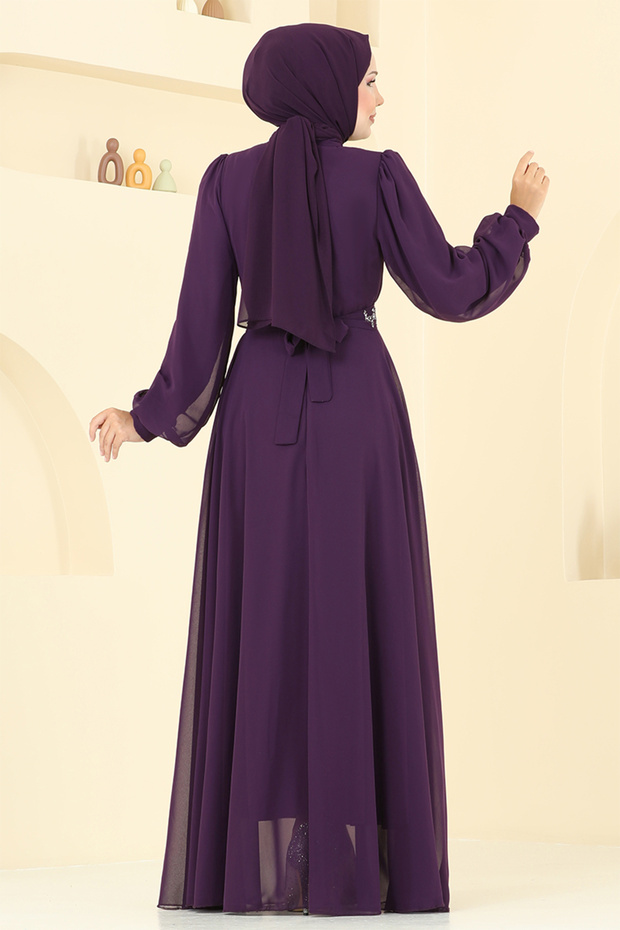 Önü Taşlı Şifon Abiye 2425ANT904-M Mürdüm - 5