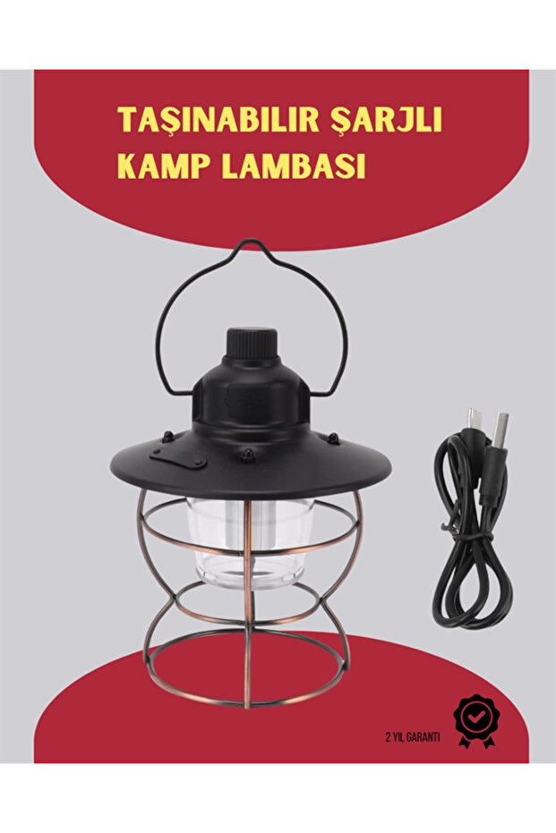 USB Şarjlı Retro LED Kamp Feneri, 4 Mod, Su Geçirmez, Taşınabilir, Kırmızı - 1