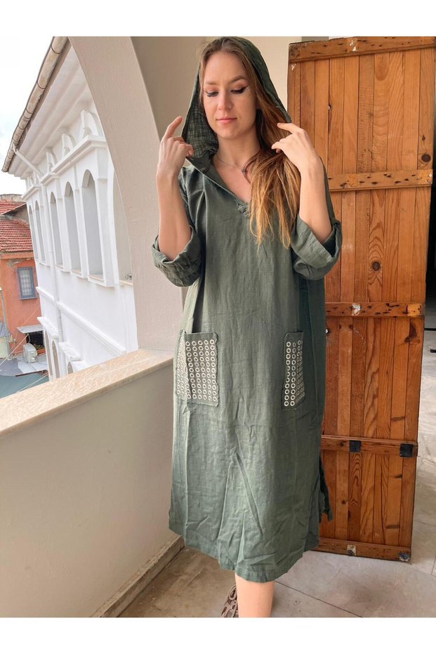 Women's Hooded Studded 2 Pockets Linen Long Dress