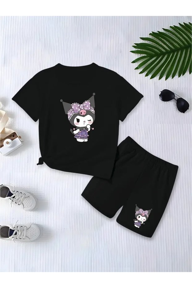 Girl's Crown Kuromi Printed T-Shirt Shorts Bottom Top Children's Set