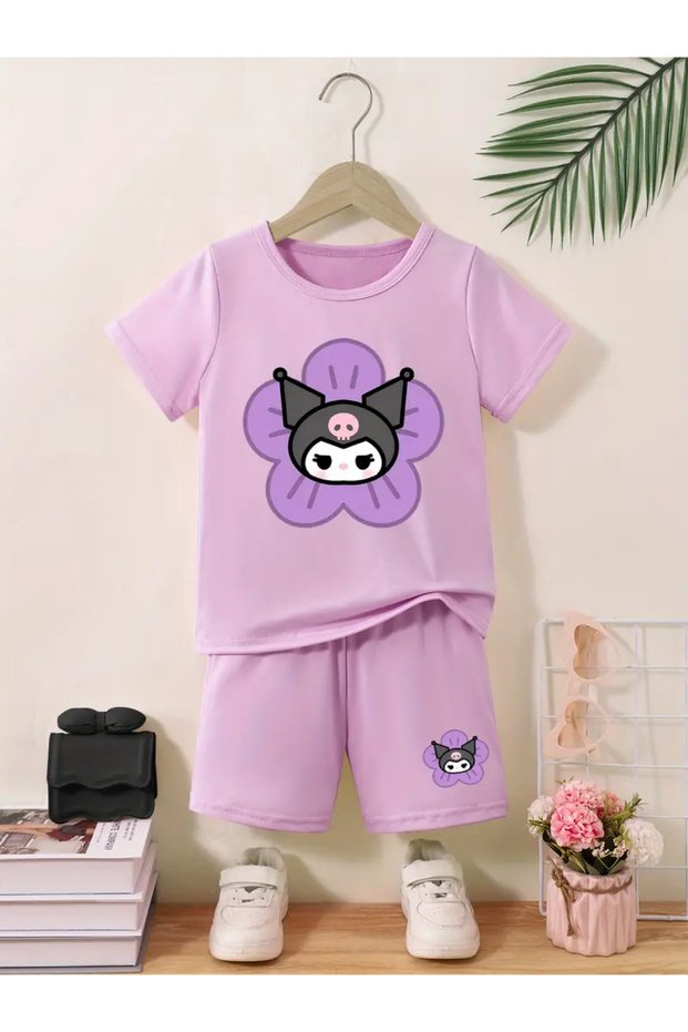 Girl's Floral Kuromi Printed T-Shirt Shorts Bottom Top Children's Set