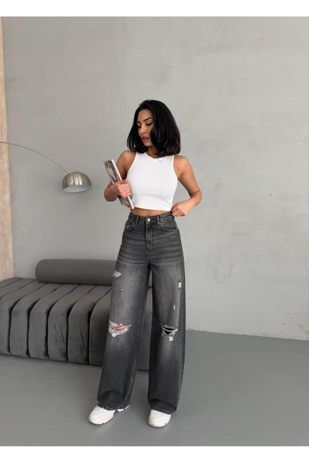 KADIN BAGGY FİT LAZERLİ YÜKSEK BEL GENİŞ PAÇA KOT PANTOLON FÜME - 4