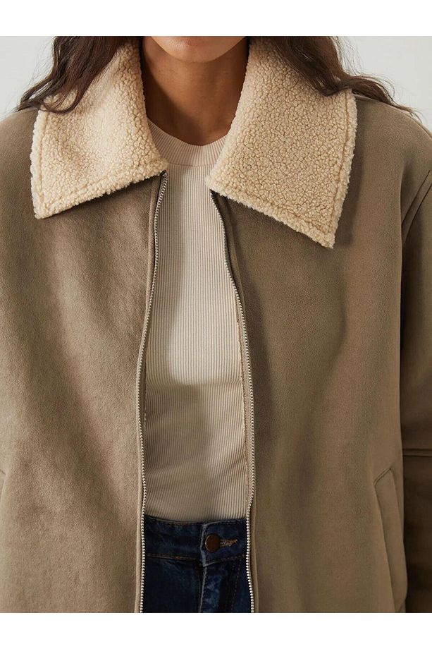 LCW Modest Gömlek Yaka Oversize Kadın Süet Görünümlü Mont (W5) - 3