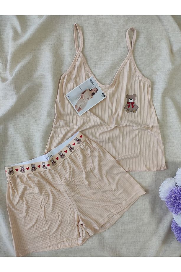 Kaşkorse Kumaş Askılı Şortlu Kadın Pijama Takımı S/M - L - XL - XXL 70702 - 4