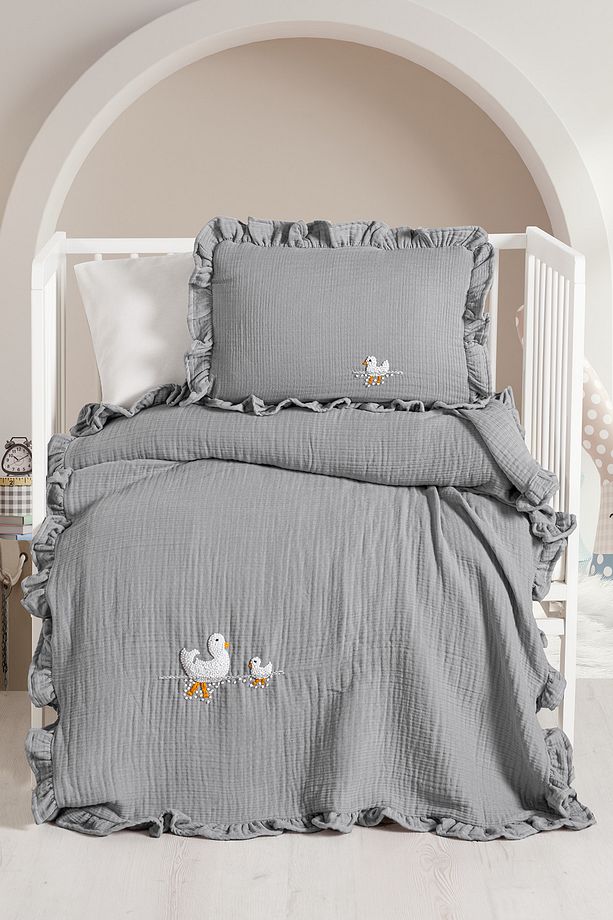 Handmade Bebek 4 Kat %100 Pamuk Fırfırlı Müslin Örtü Seti - Ducky - 1