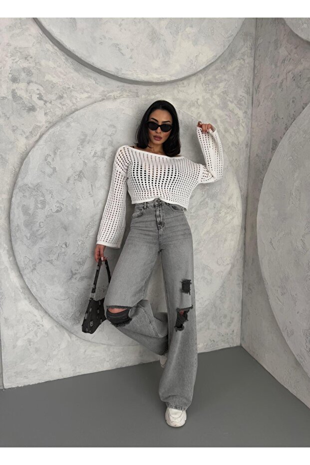 KADIN BAGGY FİT LAZERLİ YÜKSEK BEL GENİŞ PAÇA KOT PANTOLON GRİ - 1