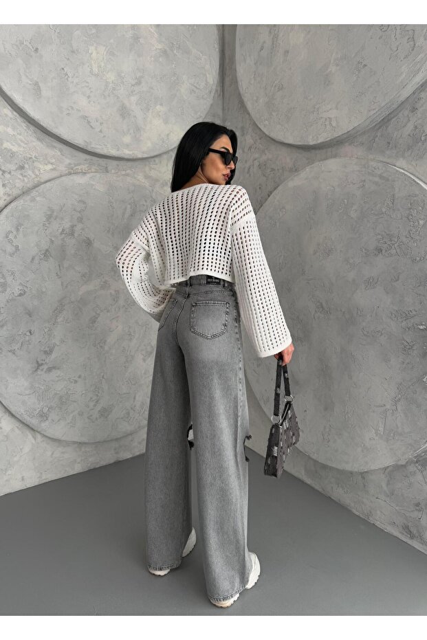 KADIN BAGGY FİT LAZERLİ YÜKSEK BEL GENİŞ PAÇA KOT PANTOLON GRİ - 9