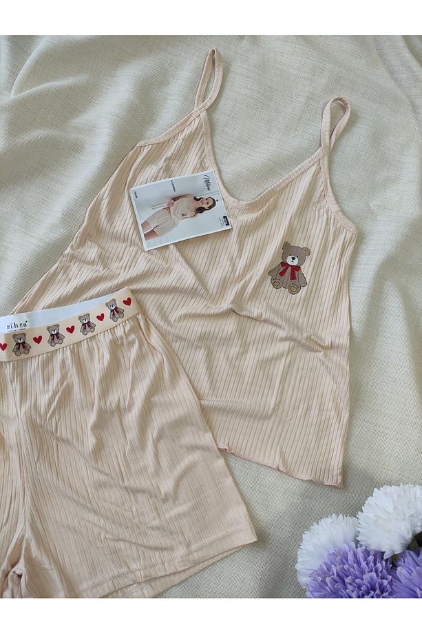 Kaşkorse Kumaş Askılı Şortlu Kadın Pijama Takımı S/M - L - XL - XXL 70702 - 2