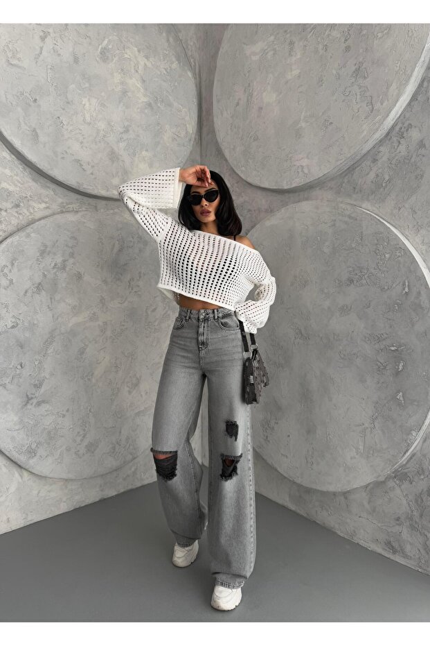 KADIN BAGGY FİT LAZERLİ YÜKSEK BEL GENİŞ PAÇA KOT PANTOLON GRİ - 3