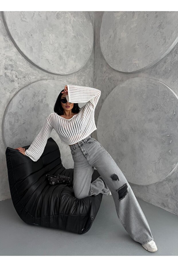 KADIN BAGGY FİT LAZERLİ YÜKSEK BEL GENİŞ PAÇA KOT PANTOLON GRİ - 4