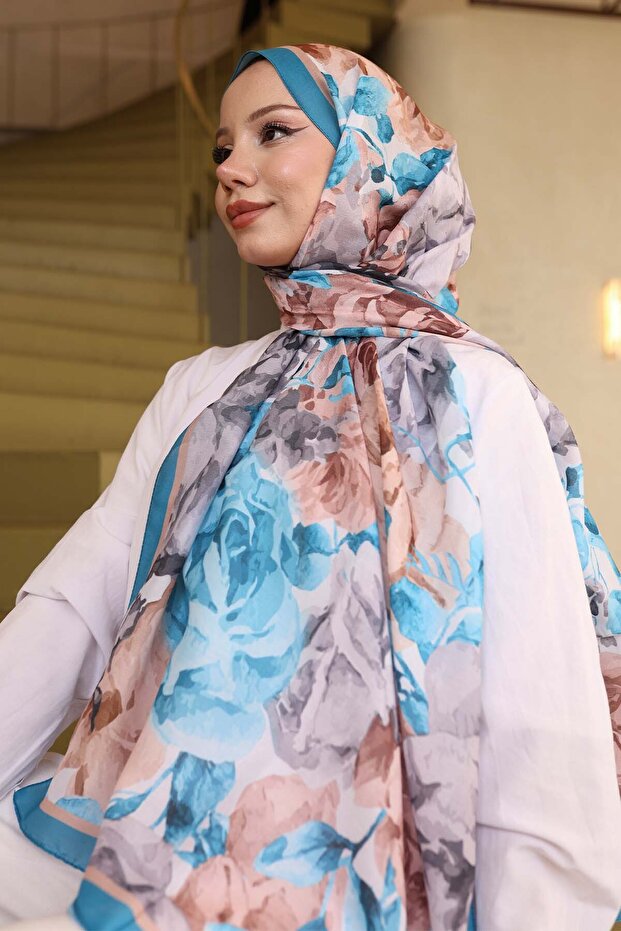 شال منقوش باللون الفيروزي İpk111 - 2