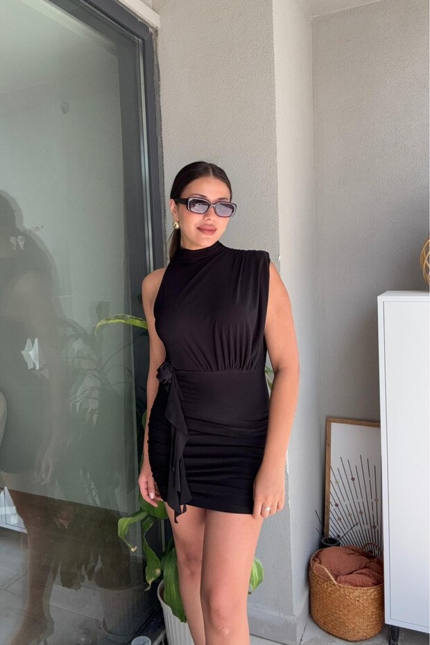 Asimetrik Drapeli Tek Omuz Mini Elbise - 3