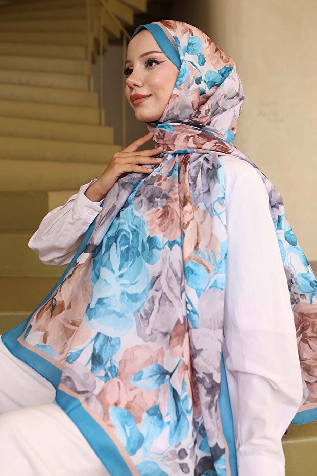 شال منقوش باللون الفيروزي İpk111 - 3