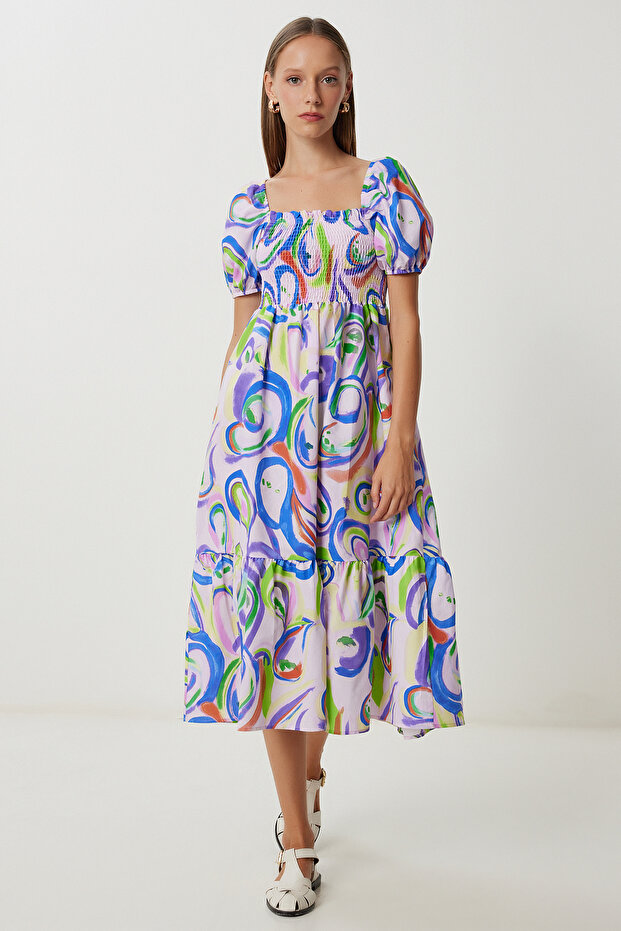 Balloon Sleeve Patterned Woven Dress Lfg0088 Lila Blue