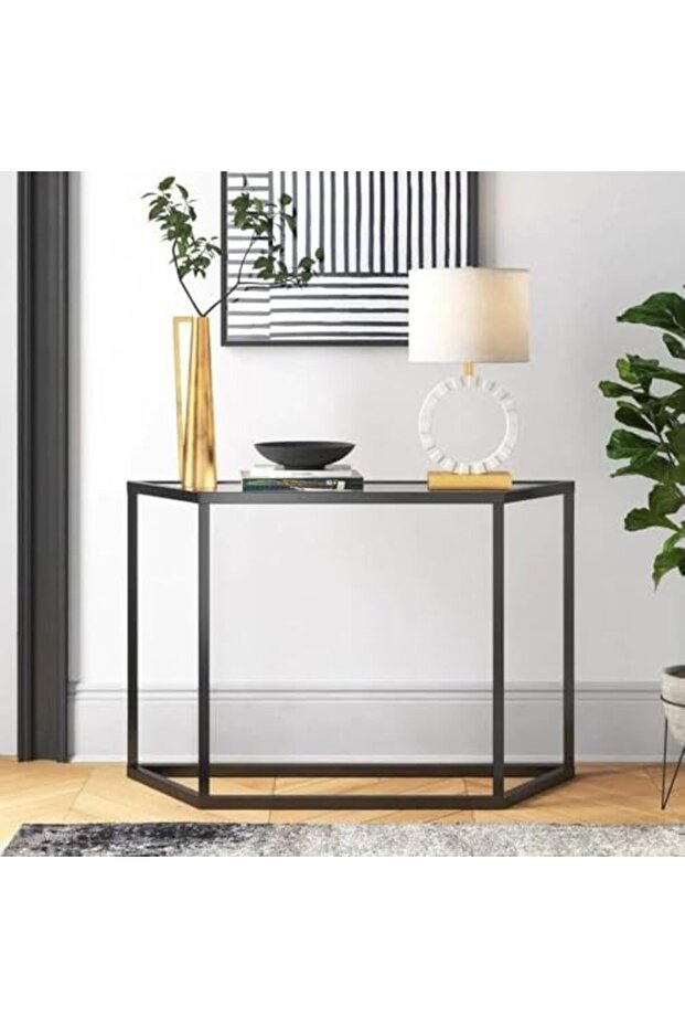 FFD Modern Glass Top Console Table: Sleek Entryway Furniture for Living Room. Metal Frame