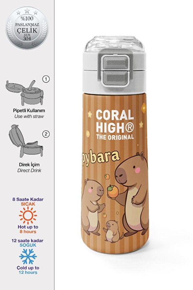 Kids Kapibara Patterned Steel Thermos with Straw and Direct Drinking 500 ml 31790