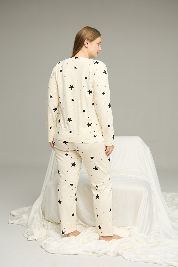 Ecru Patterned Curve Large Size Oversized Size Cotton Pajama Set25240812 - 3