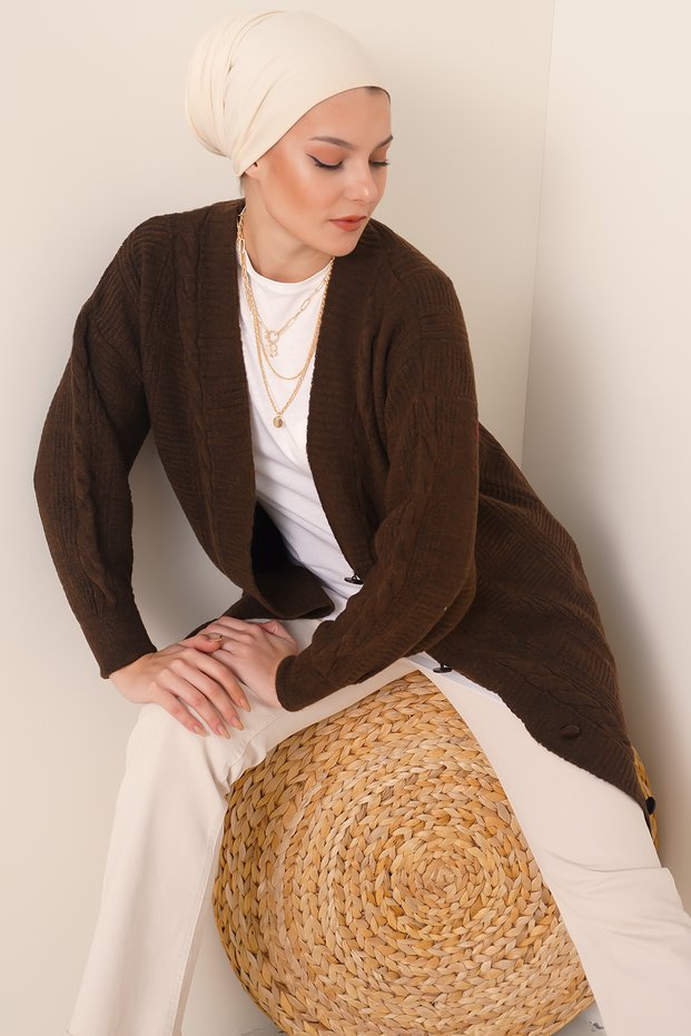Women's Hijab Long Knitwear Cardigan Brown 1048