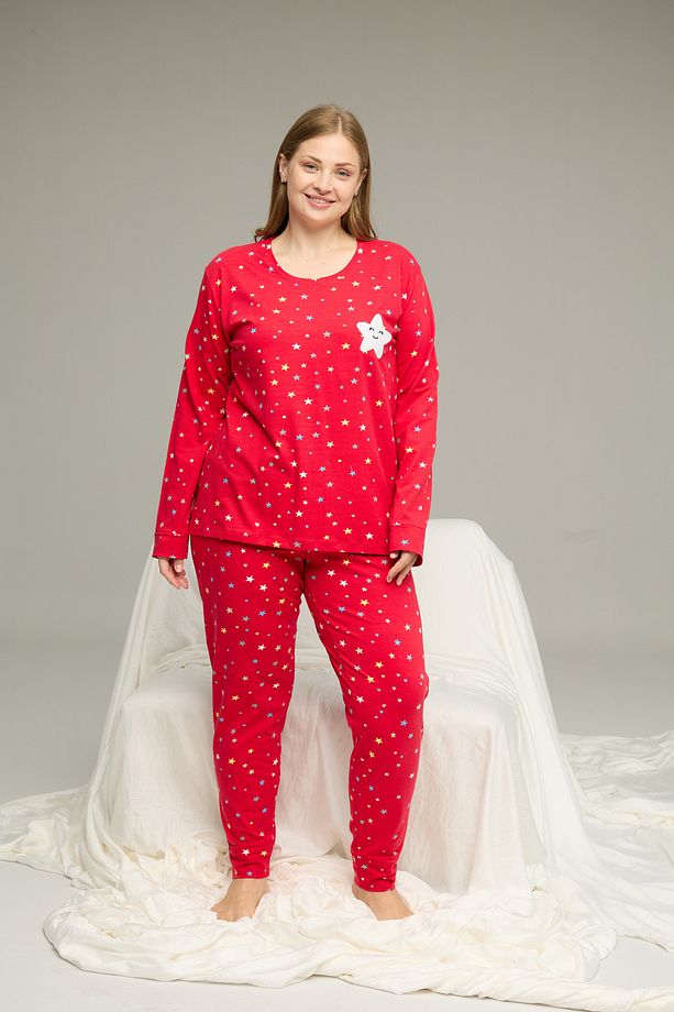 kırmızı desenli Curve Büyük Beden Battal Boy Pamuklu Pijama Takım25240798 - 2